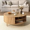 U-Can Minimalist Round Lift-Top Coffee Table with Hidden Storage, Sliding Door, Pine Legs, and Wood Wave Finish