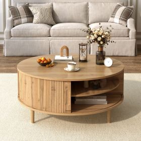 U-Can Minimalist Round Lift-Top Coffee Table with Hidden Storage, Sliding Door, Pine Legs, and Wood Wave Finish