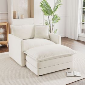 Modern Accent Chair with Ottoman, Living Room Club Chair Chenille Upholstered Armchair , Reading Chair for Bedroom, White