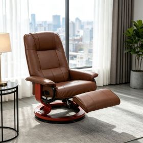 Brown Swivel Recliner Chair PU Leather Reclining Armchair Retractable Footrest Wood Base Adjustable High Back for Small Spaces Living Room RV Bedroom