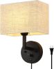 Plug in Wall Sconce with Dimmer Switch and USB Port 9.5'Rectangular Linen Fabric Shade