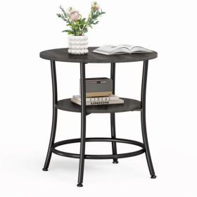 2-Tier Round Side TableSpace-Saving End Table for Small Living Room & BedroomWood Grain Gray
