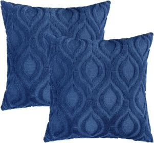 Throw Pillow Covers 18x18 Inch Set of 2, Soft Plush Faux Wool Dark Blue Solid Couch Pillow Covers