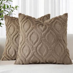 Throw Pillow Covers 18x18 Inch Set of 2, Soft Plush Faux Wool Light Brown Solid Couch Pillow Covers