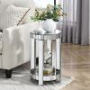 Mirror round table with crystal inlay, 2-layer modern small sofa table with storage space, silver decorative table suitable for living room, bedroom
