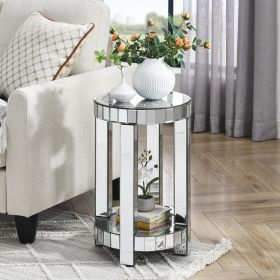 Mirror round table with crystal inlay, 2-layer modern small sofa table with storage space, silver decorative table suitable for living room, bedroom
