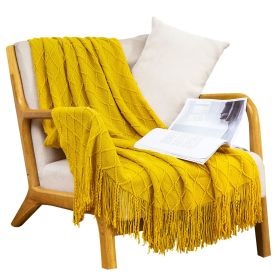 Yellow Diamond Pattern Knitted Throw Blanket with Tassels – Decorative Blanket for Home Décor Accent