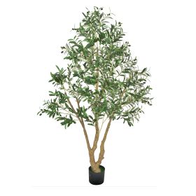6FT Artificial Olive Tree with Black Pot, Tall Fake Tree with Natural Wood Trunk & Realistic Green Leaves and Fruits, Indoor Faux Plant for Home
