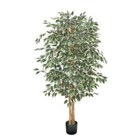 6FT Artificial Ficus Tree with Black Pot, Tall Faux Ficus Plant with Natural Wood Trunk and Realistic Green Leaves, Indoor Fake Silk Tree for Home