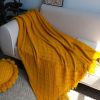 Yellow Diamond Pattern Knitted Throw Blanket with Tassels – Decorative Blanket for Home Décor Accent
