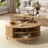 U-Can Minimalist Round Lift-Top Coffee Table with Hidden Storage, Sliding Door, Pine Legs, and Wood Wave Finish