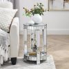 Mirror round table with crystal inlay, 2-layer modern small sofa table with storage space, silver decorative table suitable for living room, bedroom