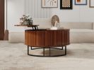 31.5" Round Coffee Table with Storage,Fluted Lift Top Center Table, Midcentury Modern Flip-top Curved Table for Living Room,Walnut