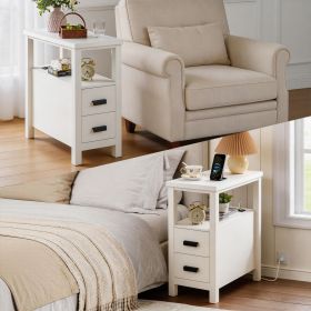 End Table with Charging Station,Side Tables with USB Ports & Outlets,Side Table with 2 Drawers, Small Wood Bedside Table, Small Rustic Side Table (Color: as Pic)