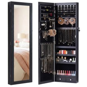 Wall-Mount/Door-Hanging Jewelry Armoire Large Capacity Mirror & LED Lights Lockable Organizer, 47.2-Inch Tall 6 LEDs Lockable Jewelry Cabinet (Color: Black)