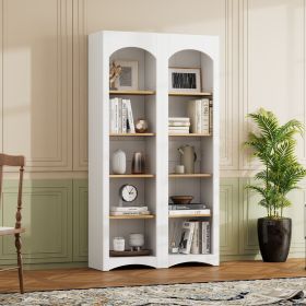 ON-TREND Free Standing 5 Tier Bookshelves, Bookcases Set of 2, Farmhouse Two-Tone Storage Cabinet with Adjustable Shelves (Color: as Pic)