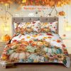 3PCS Colorful Oil Painting Pumpkin Pattern Quilt Set for All Seasons Flower Fall Leaves Bedding Set with 2 Pillowcases for Kids Adults Thanksgiving Da